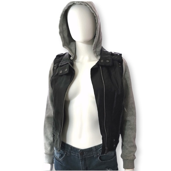 [ BOY MEETS GIRL ] Black faux leather moto jacket w/gray hood & sleeves: S: EUC - Picture 1 of 6